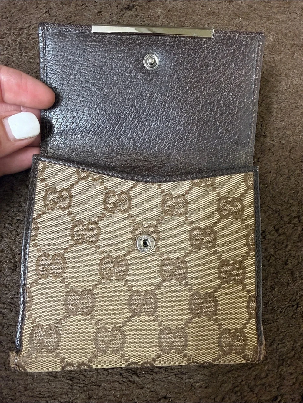 Authentic Gucci Brown & Beige GG Canvas Bifold Wallet with Metal Plate